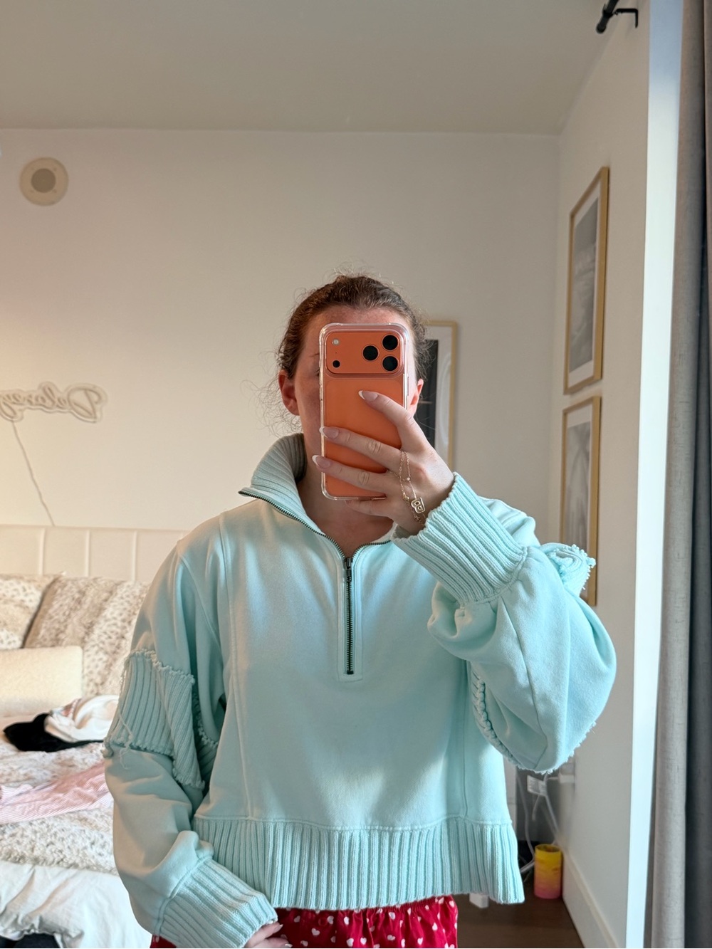 Anthropologie Mint Blue Half-Zip distressed Crew Sweater
